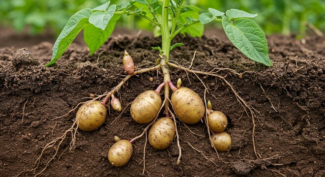 Detailed Botanical Real Shot of Potato Solanum Tuberosum Emphasizing Tuber Formation Displaying Root Structure and Earthy Brown Soil in an Agricultural Setting