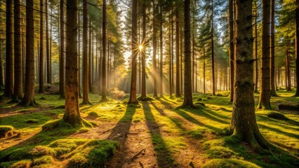 Fototapeta premium Warm Forest Light: Spruce Trees, Shadows, Golden Hour Photography