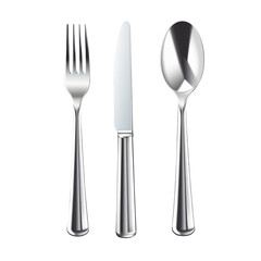 Shiny metal fork, knife, and spoon cutlery set isolated on transparent background, perfect for dining and restaurant visuals