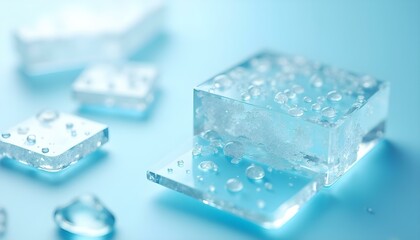 Cold, transparent ice cubes isolated on a white and blue background suggest a cool drink