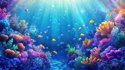 Fototapeta premium Vibrant Underwater Paradise: A Colorful Coral Reef Scene with Tropical Fish and Sunbeams
