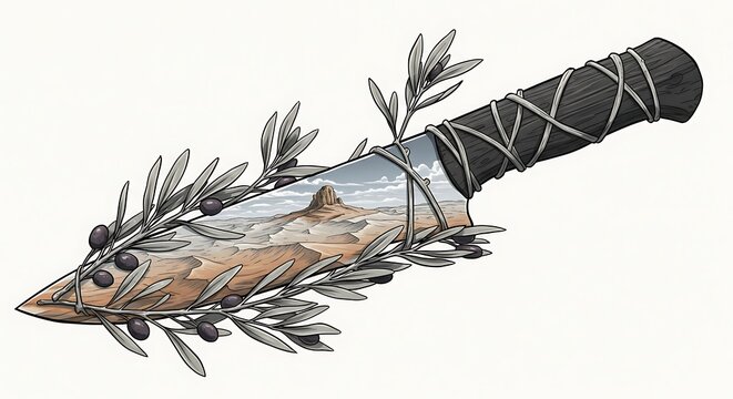 knife with desert scene and olive branch clip art preview