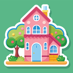 Cute Pink House with Trees and Landscaping