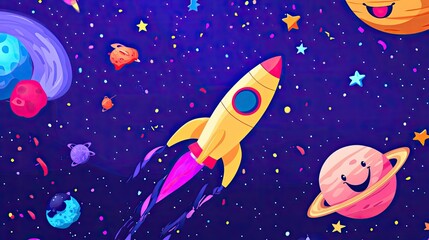 Naklejka premium Joyful Rocket Journey Through a Vibrant Colorful Galaxy: A Whimsical Space Adventure