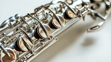 Obraz premium Close-up view of a shiny saxophone showcasing intricate keys and valves at a music studio