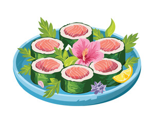Dish Sashimi Tuna Salmon Rolls - Vector Illustration