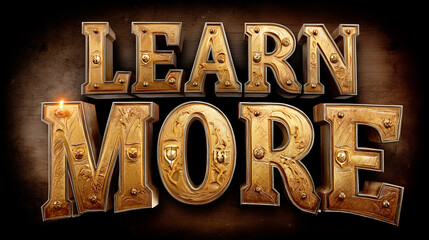 Ornate "Learn more" call to action text in detailed 3d gold vintage lettering with baroque patterns.