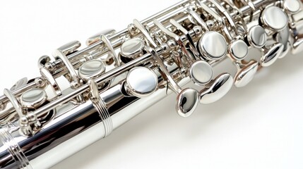 Fototapeta premium Flute with polished keys resting on a flat surface, showcasing intricate craftsmanship and design details in a well-lit setting