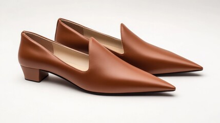 Elegant pointed-toe slip-on shoes with a low block heel.  Brown leather, sophisticated style