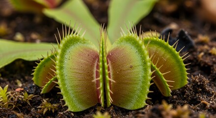 Detailed Botanical Shot of Venus Flytrap Dionaea Muscipula Displaying Trap Mechanism and Root System in Vivid Green and Red Tones Set Against Damp Earth Background