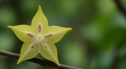 Detailed Botanical Starfruit Averrhoa Carambola Cross Section Showing Seed Distribution and Yellow Hue on a Delicate Branch Against Soft Green Bokeh Background Perfect for Decoration
