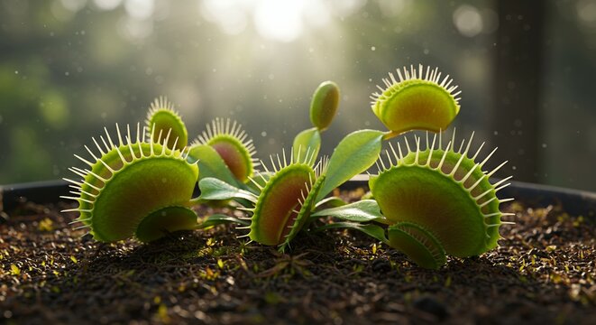 Detailed Botanical Venus Flytrap Showing Trap Mechanism and Roots in Black Pot with Blurred Green Forest Background Close Up