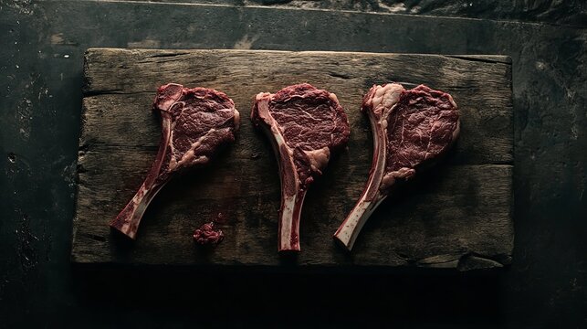 Three raw ribeye steaks on rustic wooden board dark food photography red cut meat beef chop juicy