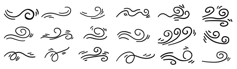 Fototapeta premium Wind and air swirl hand drawn in vector line doodle art. Autumn flow, smoke flow ornament illustration collection in simple style.