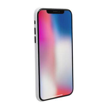White iphone x showing colorful abstract screen on transparent background