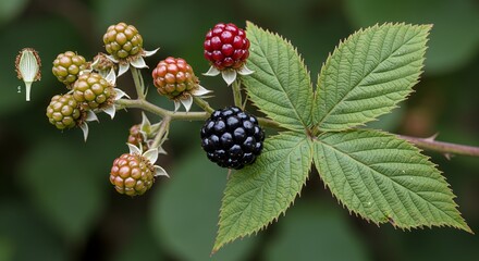 Detailed Close Up of Blackberry Fruit Structure and Leaf Arrangement Featuring Ripening Berries on a Thorny Branch Against a Green Background