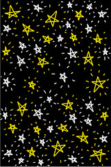 Yellow and white star doodle motif shining on a black background. Children book cover