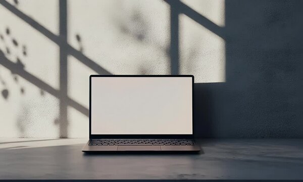 A mockup of a blank-screen laptop on the desk, in a modern office with plants, light blue wall background, close-up shot