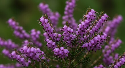 Naklejka premium Detailed Heather Erica Cinerea Displaying Purple Flower Clusters on Blurred Green Background Botanical Beauty and Springtime Flora Close-Up