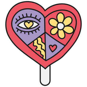 recommend clip art: groovy ice cream, groovy boho popsicle in doodle color line style. Colorful heart-shaped lollipop with playful designs and patterns.