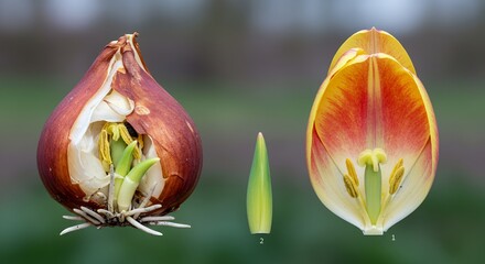 Detailed Real Shot of a Tulip Bulb and Petal Structure Featuring Internal Anatomy Against a Blurred Background Ideal for Botanical and Spring Themed Projects