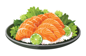 Fresh Salmon Sashimi Slice on Plate - Vector Illustration