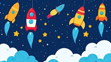 Naklejka premium Adorable Cartoon Rockets Soaring Through a Starry Night Sky Above Fluffy Clouds: A Whimsical Space Adventure
