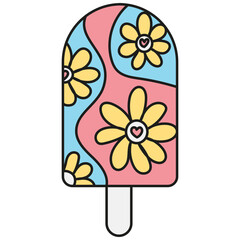 groovy ice cream, groovy boho popsicle in doodle color line style. Colorful ice cream pop with floral designs on a pastel background.
