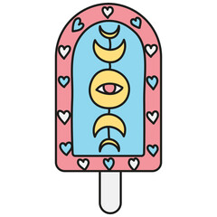 groovy ice cream, groovy boho popsicle in doodle color line style. Colorful ice cream pop with whimsical designs and hearts.