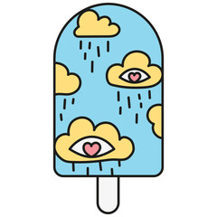 groovy ice cream, groovy boho popsicle in doodle color line style. Whimsical ice cream with clouds and eyes, conveying emotions.