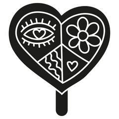 groovy ice cream, groovy boho popsicle in doodle glyph style. Colorful heart-shaped lollipop with playful designs and patterns.