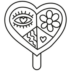 groovy ice cream, groovy boho popsicle in line style. Colorful heart-shaped lollipop with playful designs and patterns.