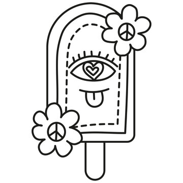 recommend clip art: groovy ice cream, groovy boho popsicle in line style. Playful ice cream pop with eye and flowers design.