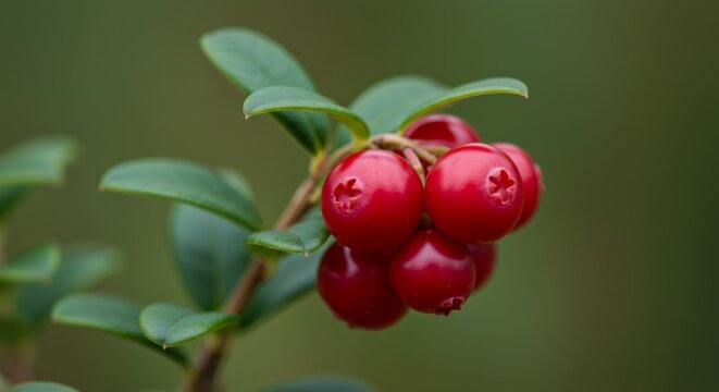 Fototapeta Vibrant Red Cranberries Vaccinium Macrocarpon Close Up Botanical Detail Highlighting Glossy Texture and Structure Against a Soft Green Background Perfect for Education and Culinary Themes