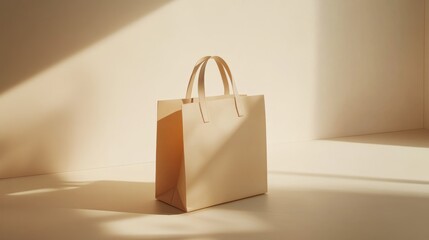 Beige paper tote bag on a smooth, light-toned backdrop, sharp angles and soft lighting enhance its modern minimalist appeal