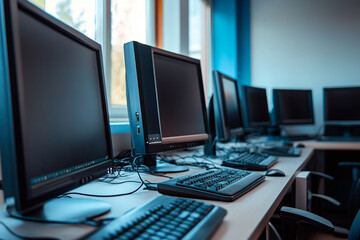Computer lab desktop computers keyboards and mice a row of workstations near a window