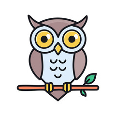 Simple owl outline with large eyes, small beak, and detailed feathers on the wings, perched on a branch
