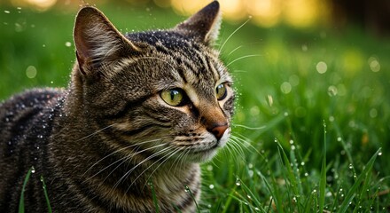 Obraz premium Tabby Cat in Dewy Green Grass Adorable Pet Portrait Nature Photography