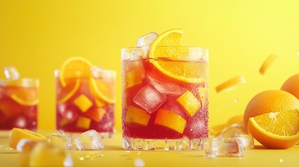 Refreshing summer sangria drink with orange slices and ice cubes in glasses red cold wine food tart