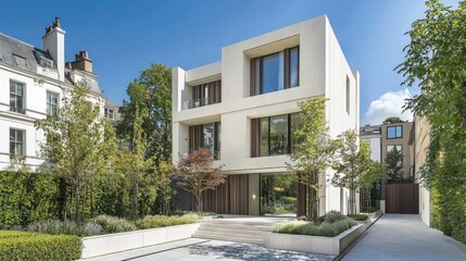 Obraz premium Modern architectural design of a minimalist house with landscaped garden in a sunny urban setting