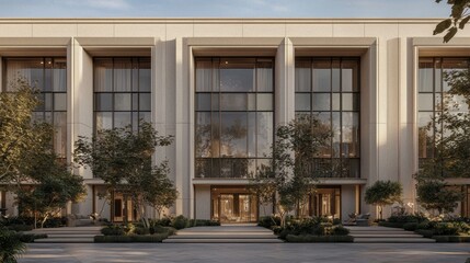 Fototapeta premium Modern architectural design featuring large glass windows and lush greenery in an upscale urban setting