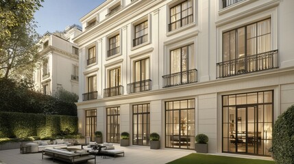 Naklejka premium Elegant modern building with lush garden in the afternoon light, showcasing luxury living and architectural design