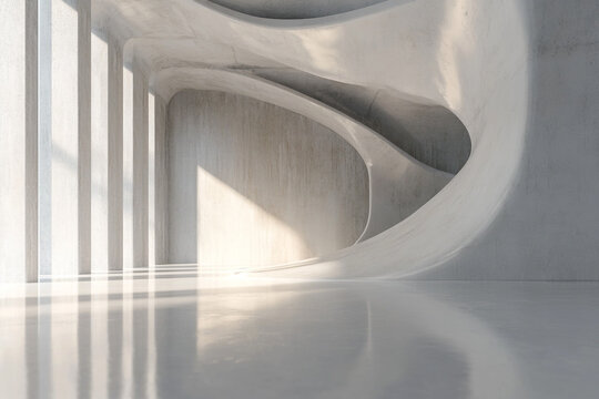Modern minimalist architecture sunlight through concrete columns and curved walls