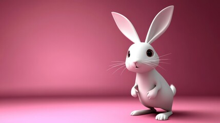 Fototapeta premium A cute white rabbit is standing on a pink studio backdrop