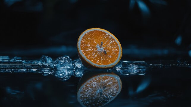 Orange slice resting on ice cubes with a reflective surface in a dimly lit setting