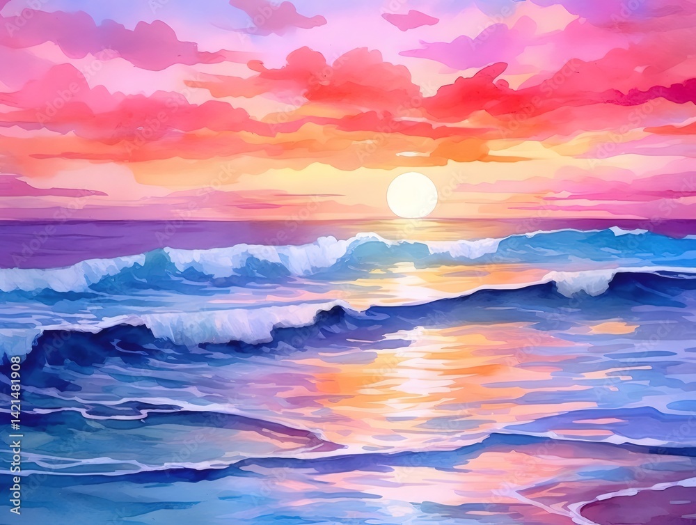Poster 夕焼けの海 水彩画風 波と夕日の光が水面に反射する美しい風景