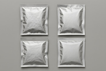 Geometric Array of Silver Pouches: A pristine overhead shot showcases four sealed silver pouches against a plain background, capturing their textures and potential content within. 
