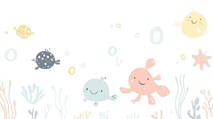 Adorable Underwater World: Cute Cartoon Sea Creatures and Coral Reef Illustration
