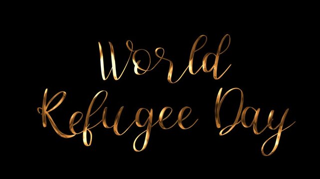 Words world refugee day in gold script, suitable for social media posts, website banners, or event invitations related to refugee awareness.