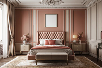 Elegant bedroom design blush pink walls and bedding tufted headboard nightstands rug and chandelier